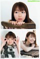 A collage of four pictures of a young woman posing for a picture.