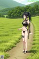 A woman in a black bikini standing on a dirt road.