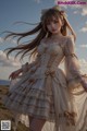 A woman in a white dress standing in a field.